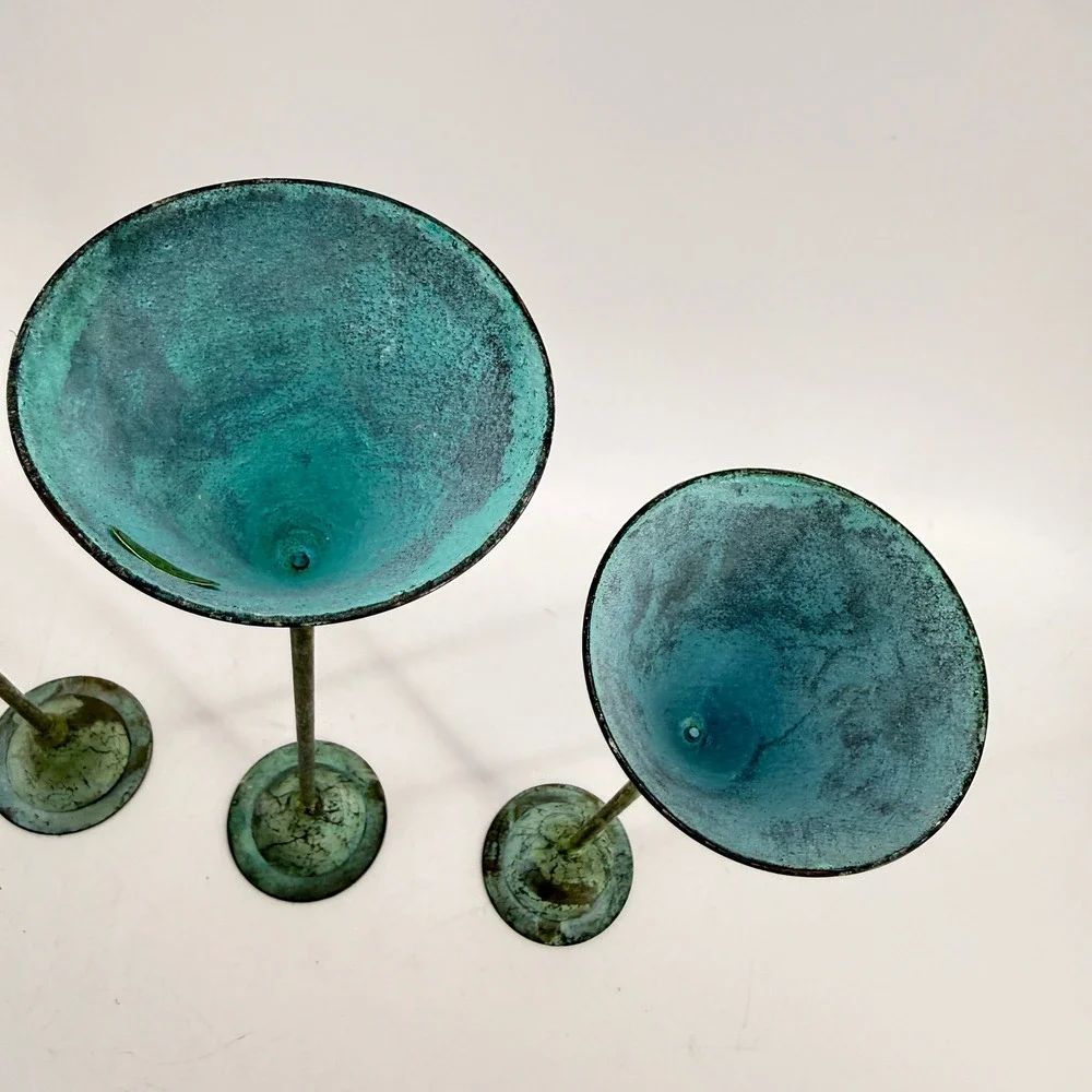 Vtg Verdigris Taper Christian Beaumont Post-Modern Decor Teal Metal Candlesticks